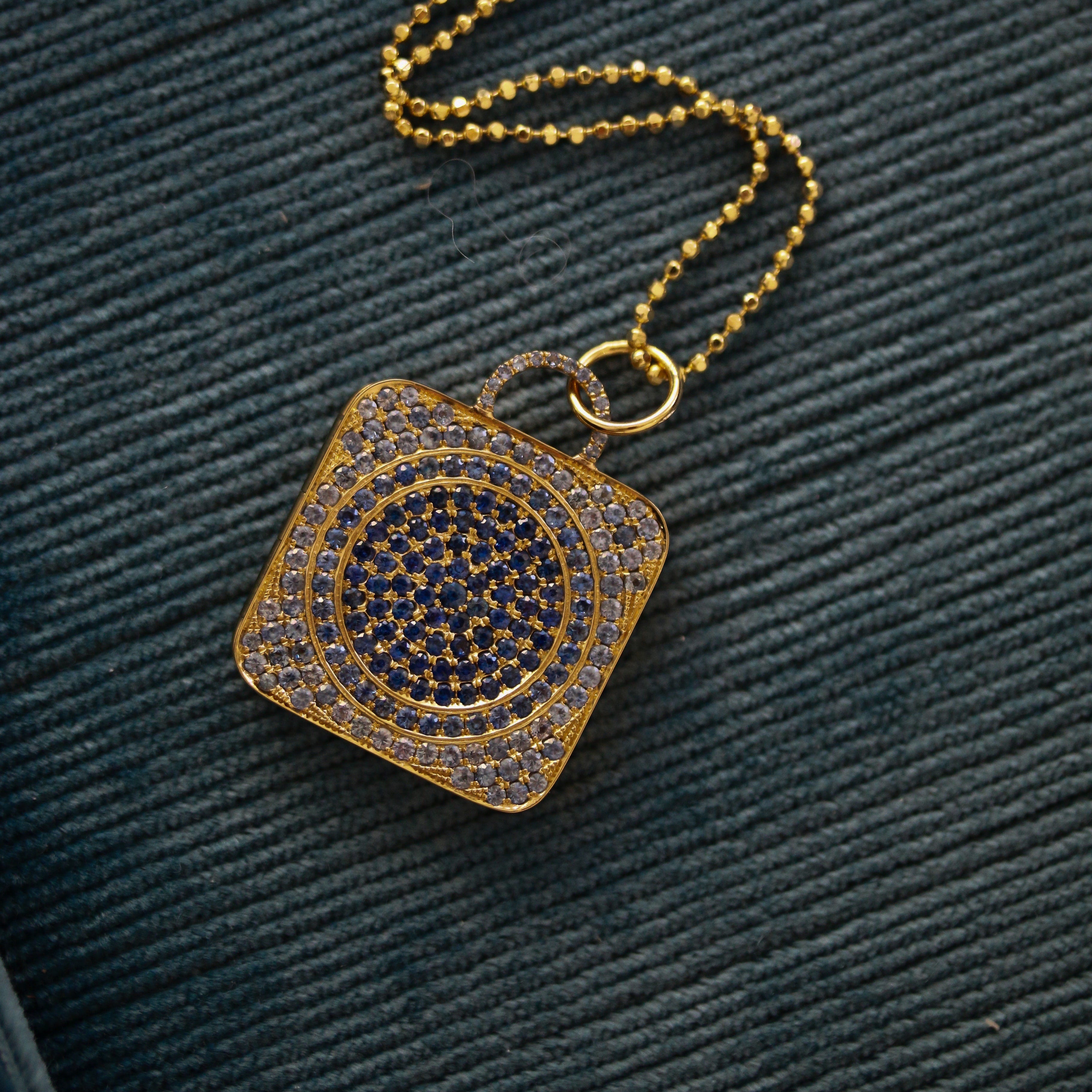 blue sapphire pavé square locket necklace in 18k gold