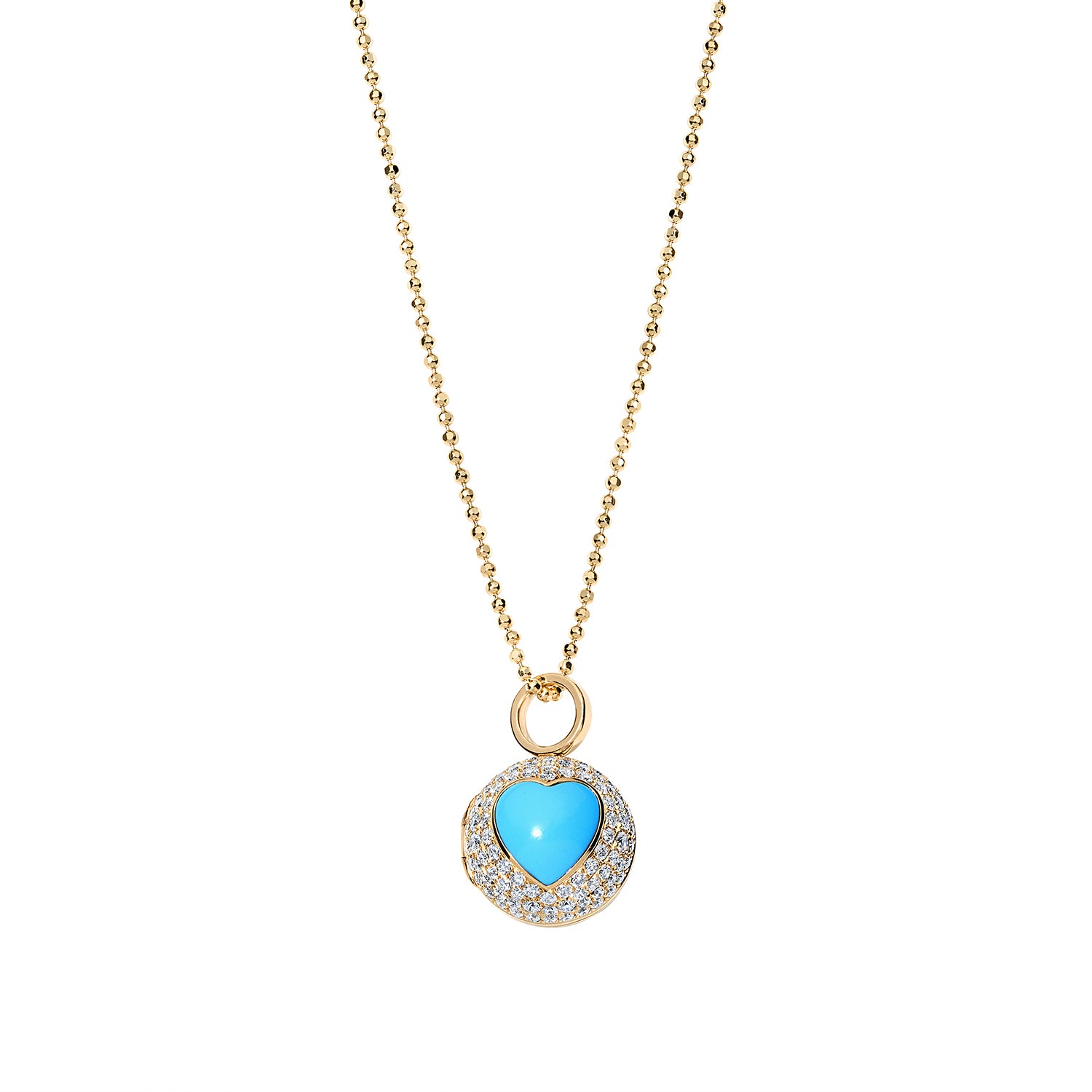 turquoise and diamond peekaboo ball locket necklace in 18k gold
