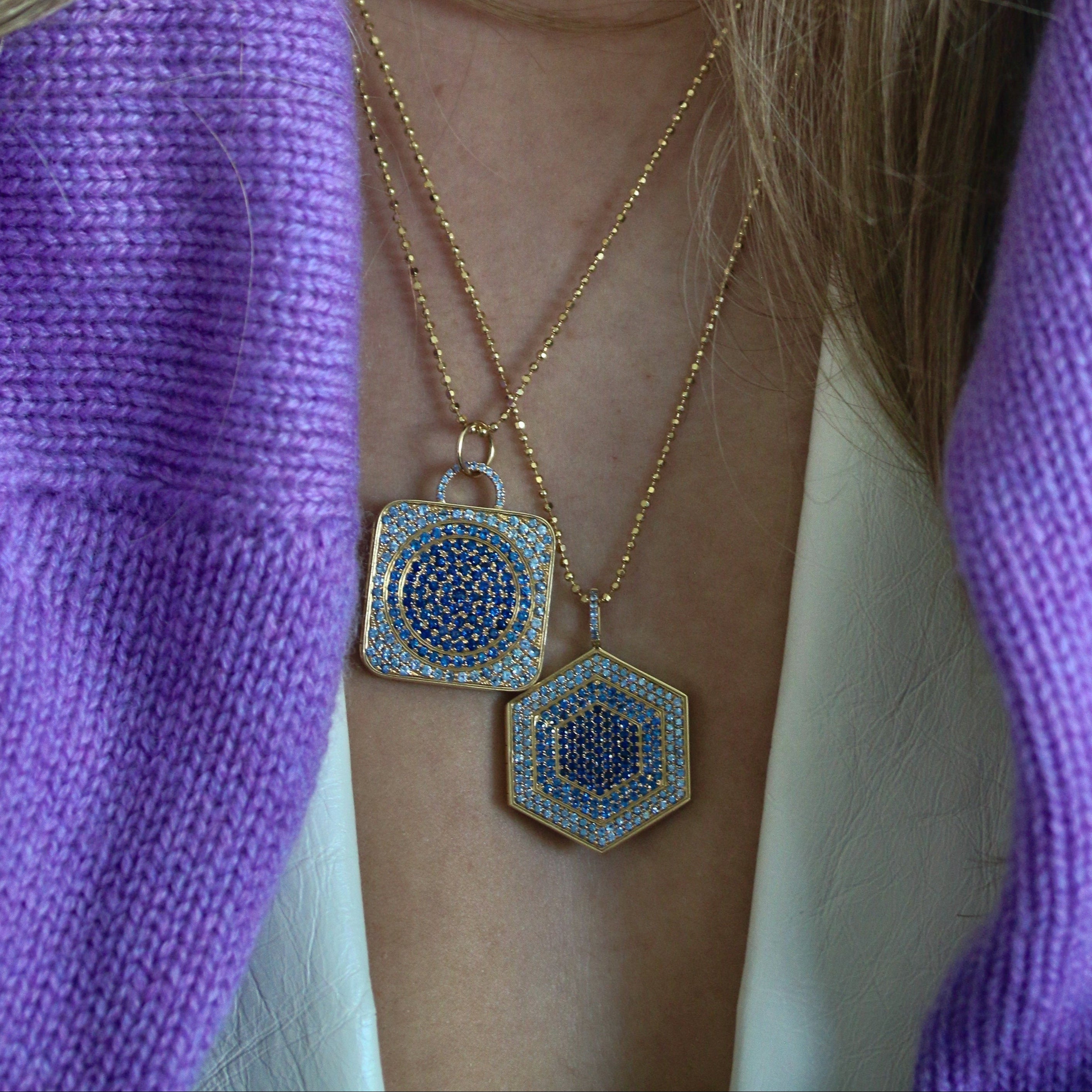 blue sapphire pavé square locket necklace in 18k gold