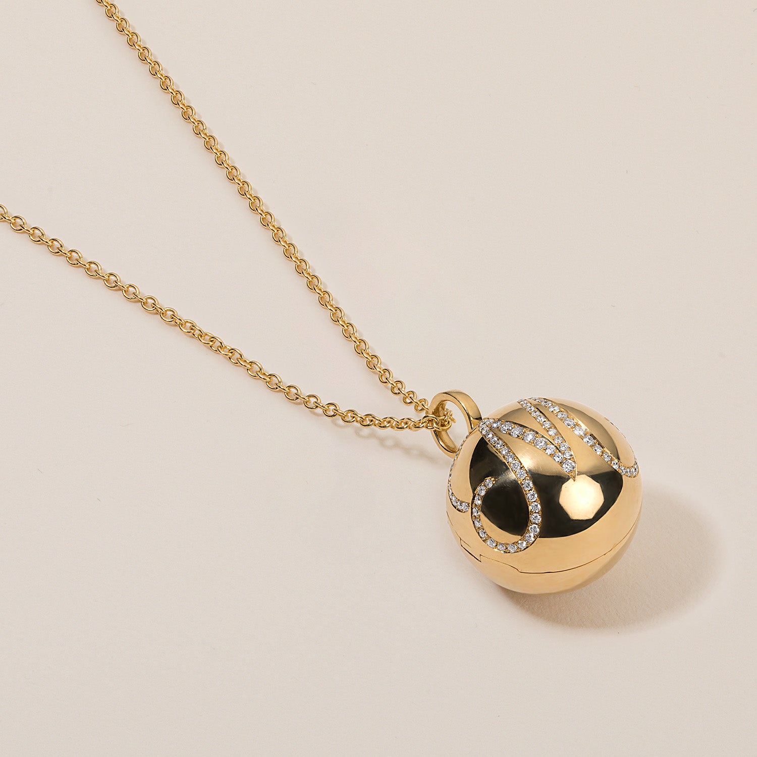 halo ball locket necklace in 18k gold with diamond engraving