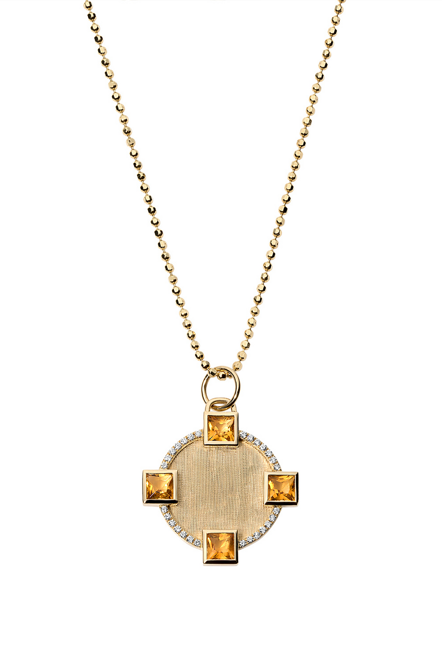 Citrine garnet round pendant in florentine 18k gold.