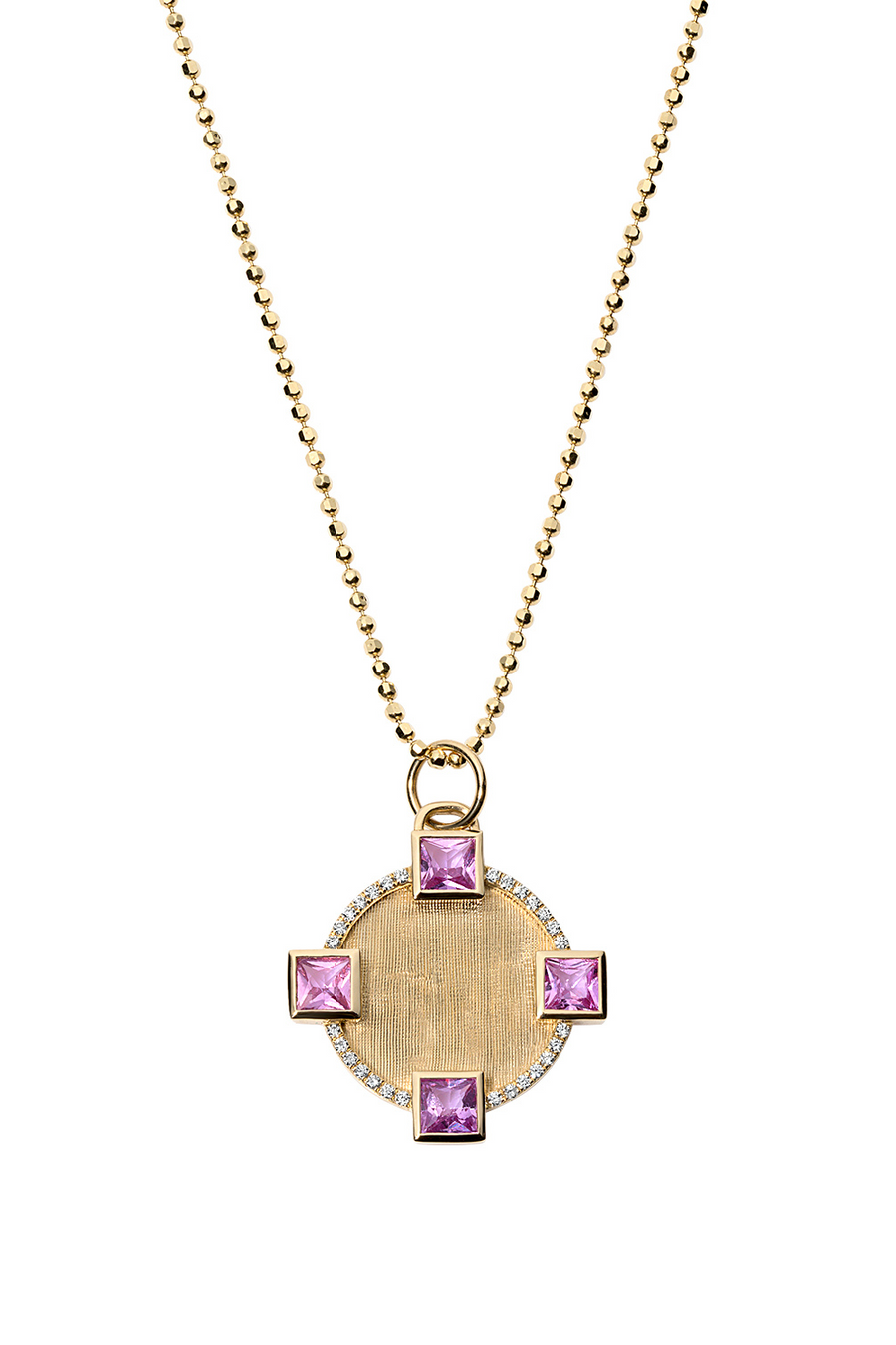 Pink sapphire round pendant in florentine 18k gold.