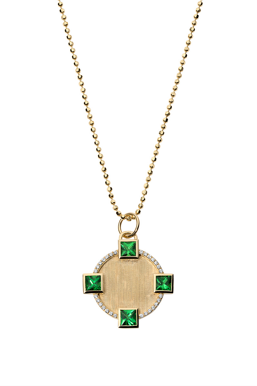 Green garnet round pendant charm in florentine 18k gold.
