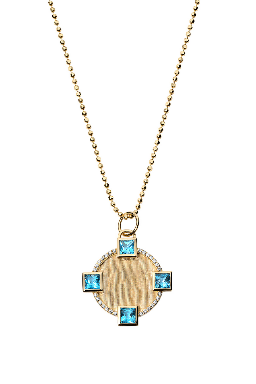 Blue topaz round pendant in florentine 18k gold.