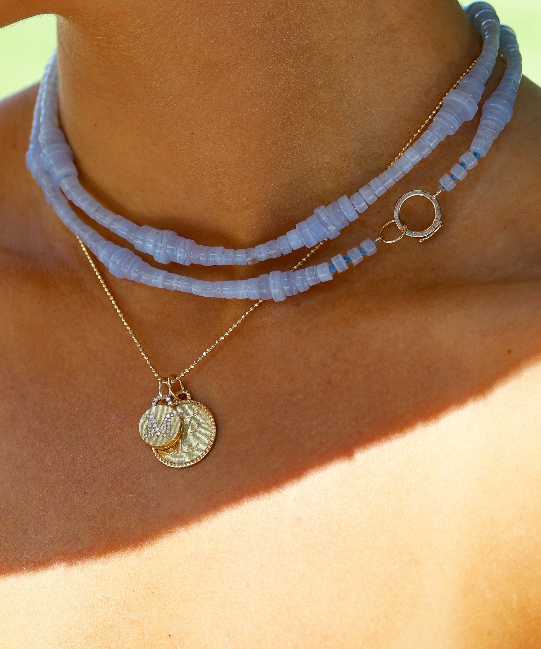 blue lace agate strand necklace with 18k gold clasp