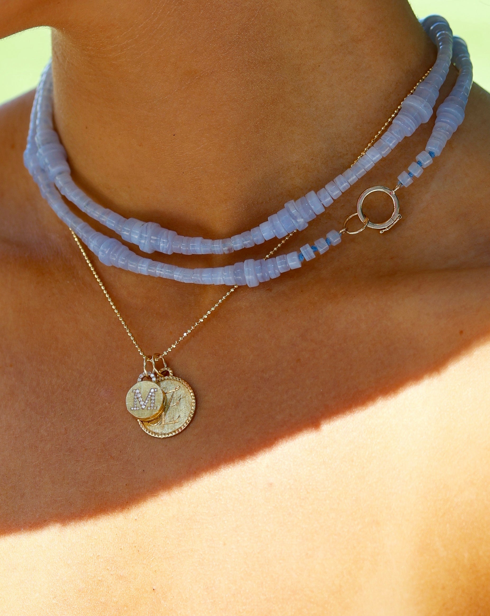 blue lace agate strand necklace with 18k gold clasp