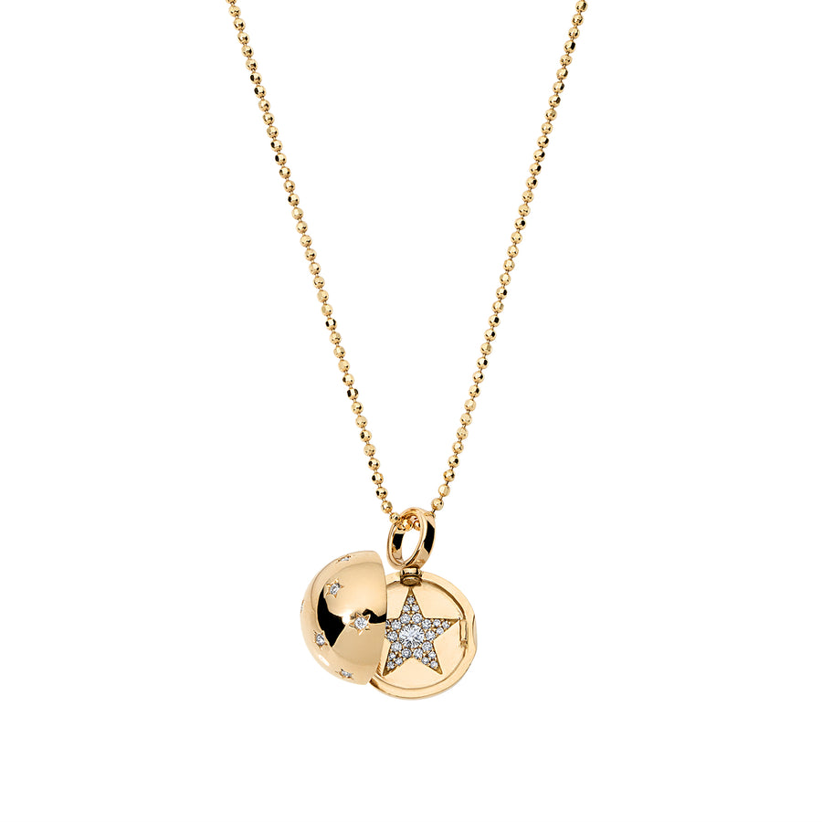 ball locket necklace in 18k gold with diamond pavé star