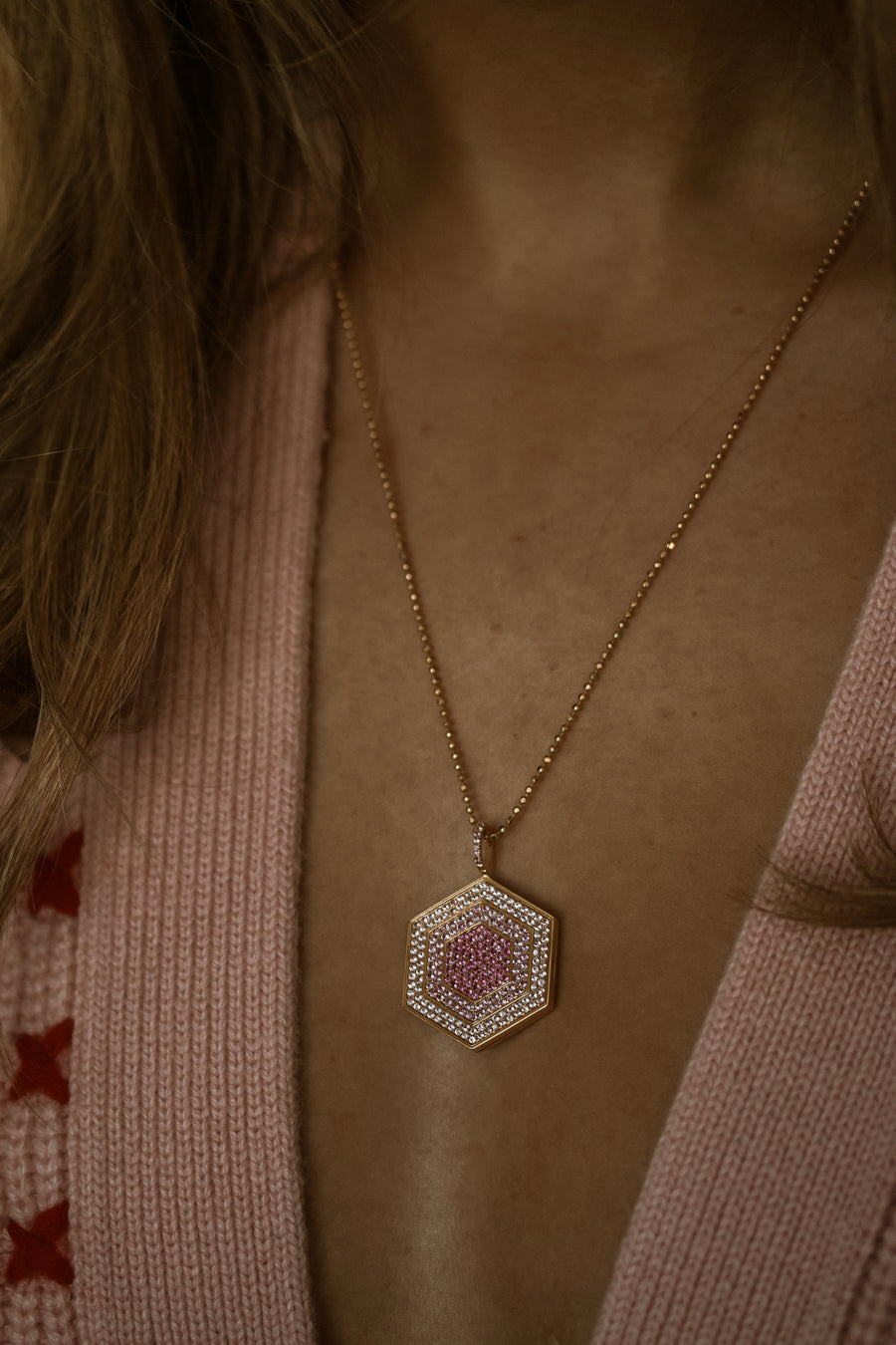 pink sapphire hexagonal locket in 18k gold