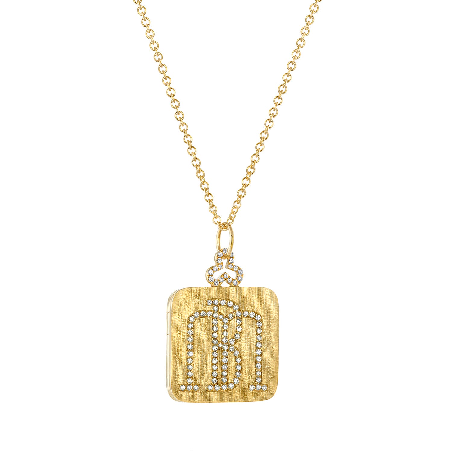 diamond florentine pillow locket necklace in 18k gold with diamond monogram engraving