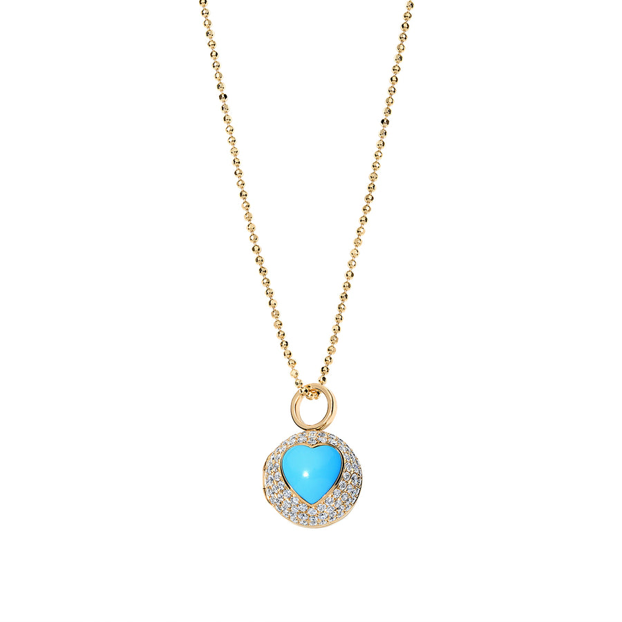 Upgrade your jewelry wardrobe with our Turquoise Diamond Peekaboo Heart Necklace. Crafted in 18k gold and tonal blue sapphires, this ball necklace showcases a stunning giant blue topaz heart, which opens up to reveal another hidden heart mirrored at its center. The&nbsp;most unique gift for a special woman you love.