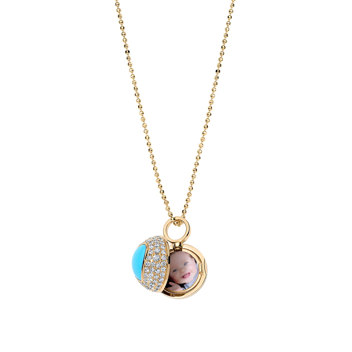 turquoise and diamond peekaboo ball locket necklace in 18k gold