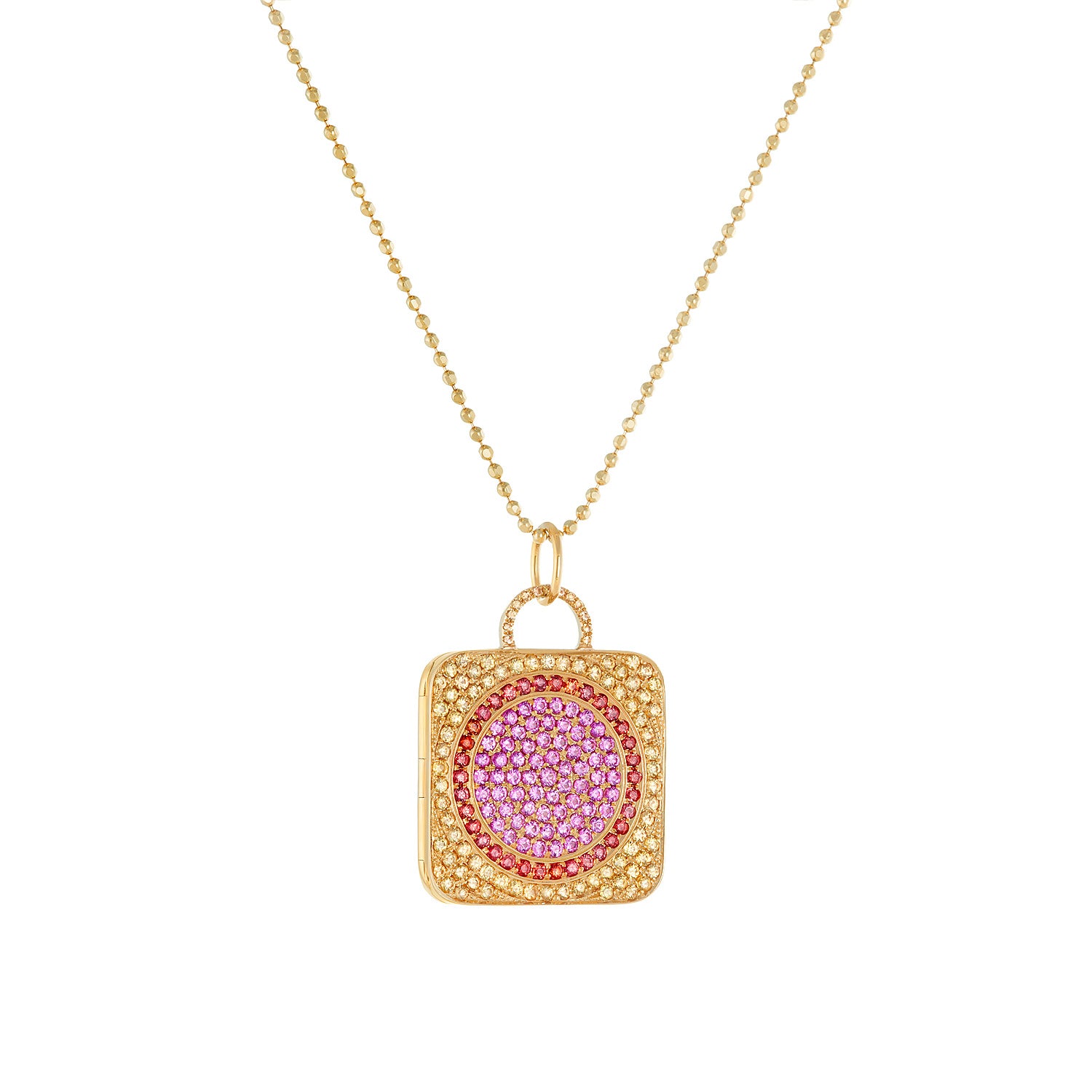 pink, orange and yellow sapphire pavé square locket necklace in 18k gold