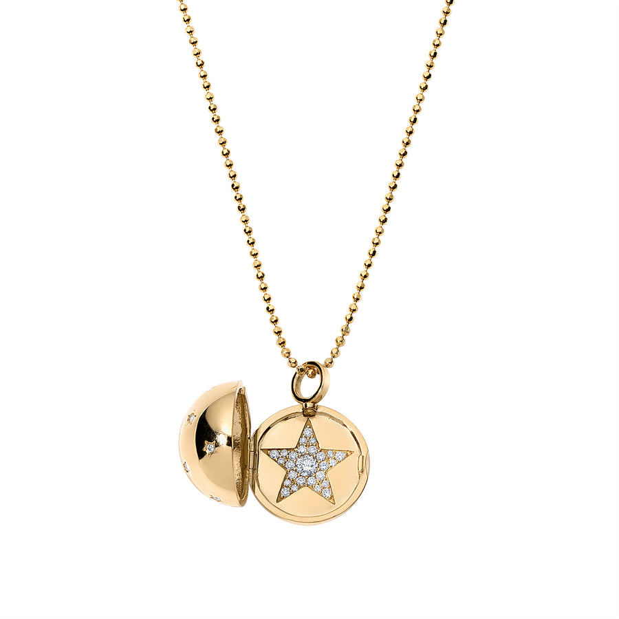 18k gold round ball locket necklace with diamond stars