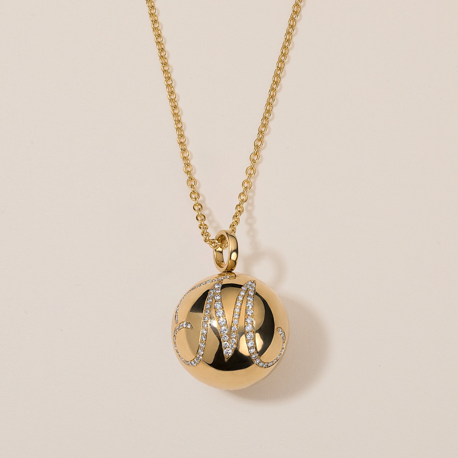 halo ball locket necklace in 18k gold with diamond engraving