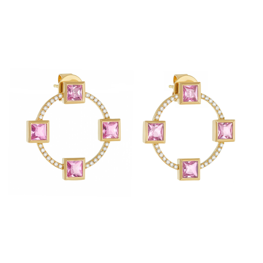 Light pink sapphire pendant circular earrings with diamonds