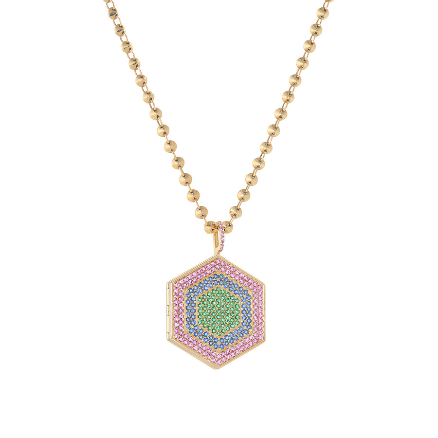 18k gold and rainbow sapphire hexagonal locket pendant
