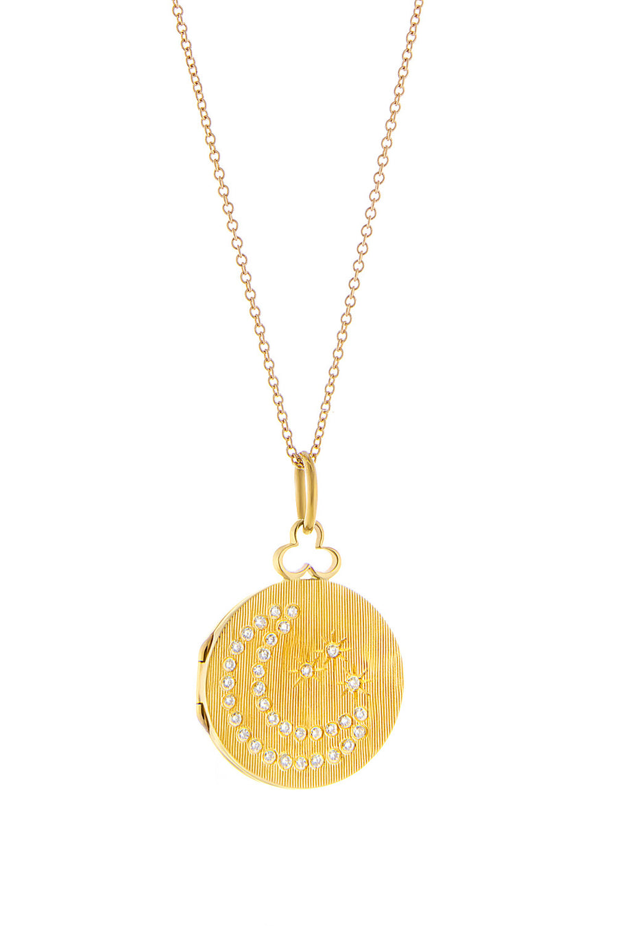 Moon and stars diamond locket necklace crafted in radiant 18k gold, capturing the celestial beauty of the night sky. This enchanting piece features a delicate locket adorned with sparkling diamonds arranged in a celestial motif of moons and stars. The shimmering diamonds reflect the brilliance of the night, creating a mesmerizing accessory that evokes the magic and wonder of the cosmos.