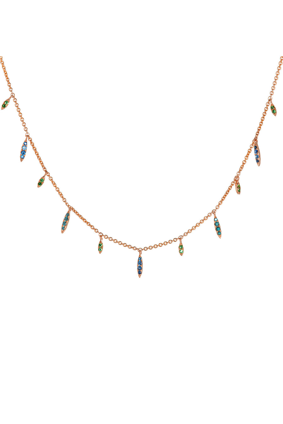 Multi-diamond dangle necklace in 14k gold and blue and green sapphires