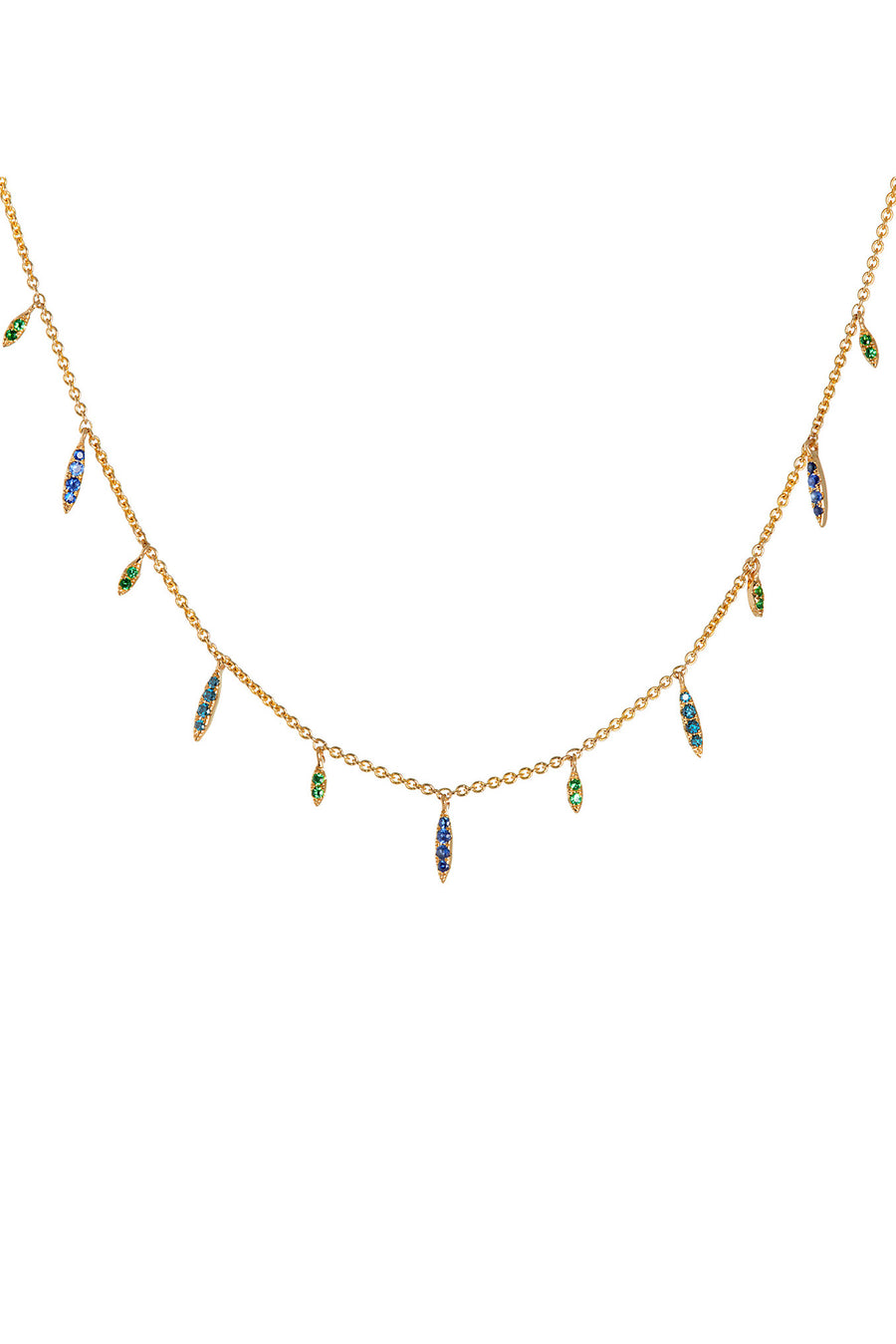 Multi-diamond dangle necklace in 14k gold and blue and green sapphires