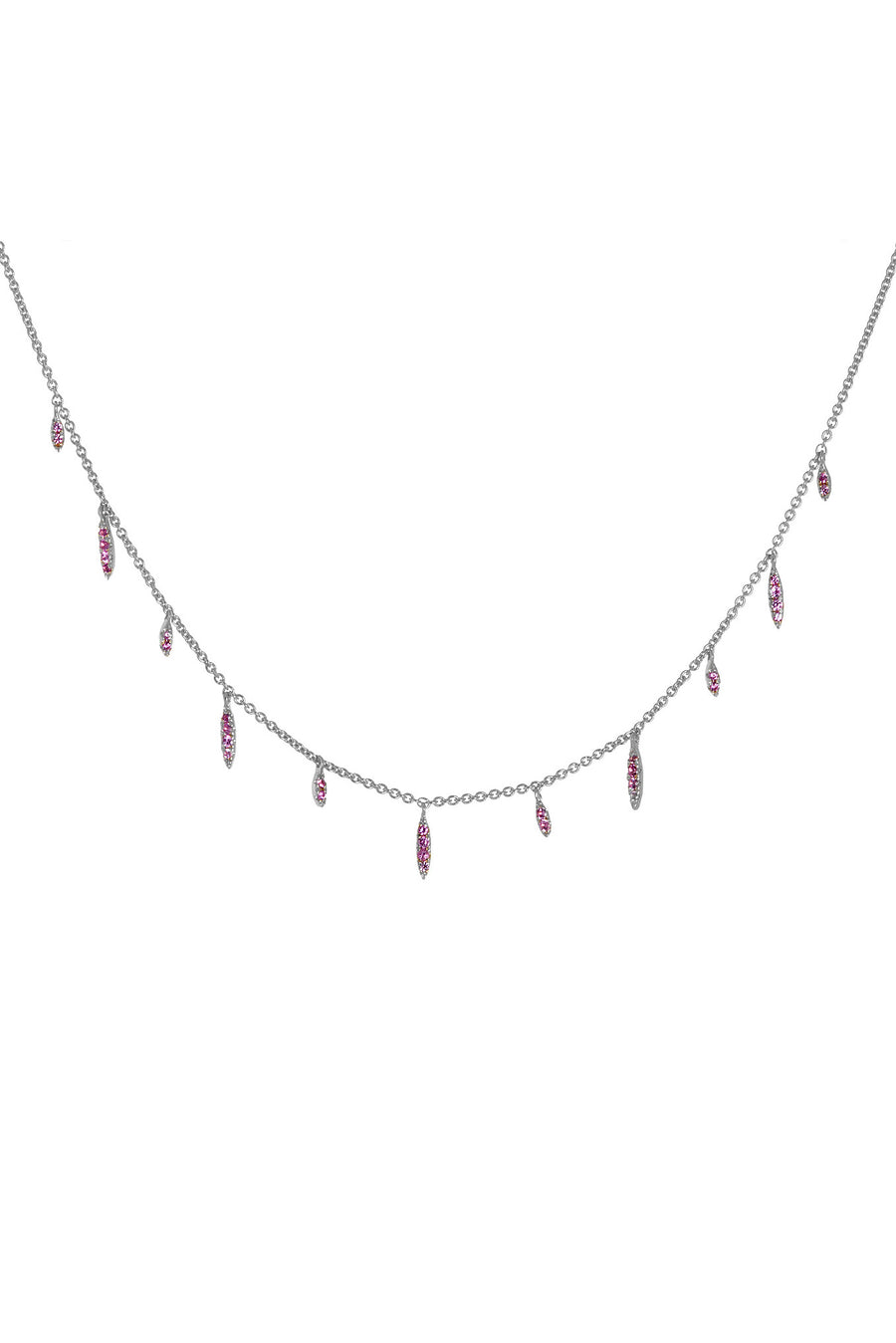 Multi-diamond dangle necklace in 14k gold and pink sapphires