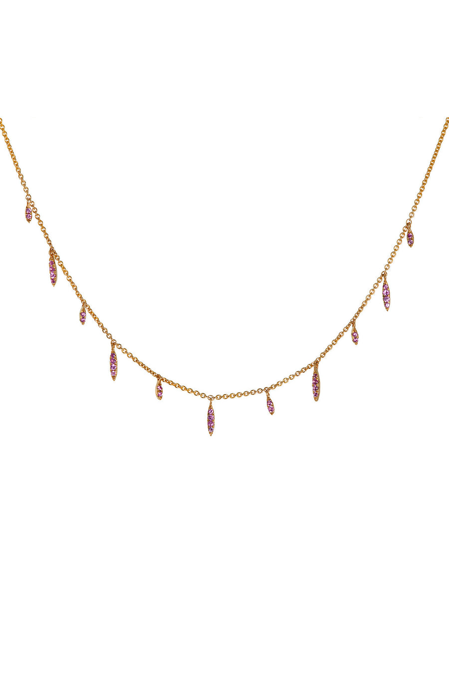 Multi-diamond dangle necklace in 14k gold and pink sapphires